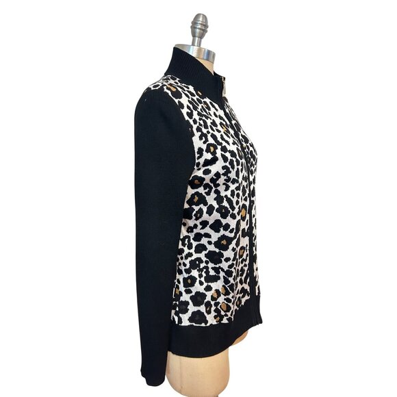 St. John Boutique Animal Print Black & Cream Full-Zip Knit Cardigan Sweater Smal - Picture 2 of 5